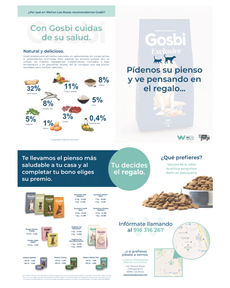 Folleto de la promoción de pienso Gosbi para clínica veterinaria