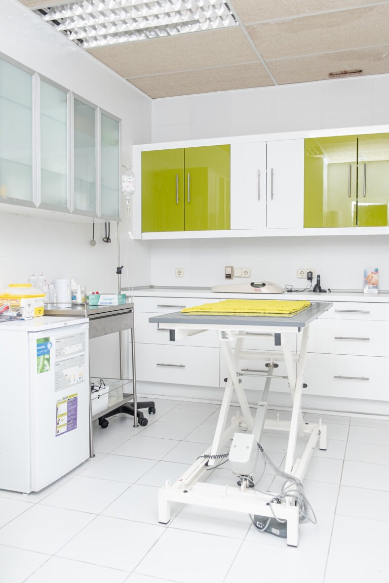 Sala de exploración de la clínica con la mesa quirúrgica