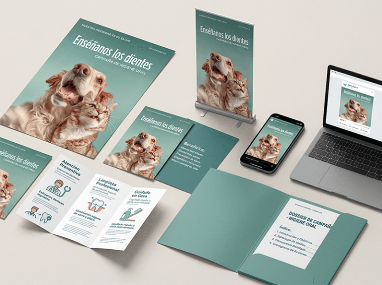 Campaña de higiene dental para clínica veterinaria: cartel, tríptico y piezas digitales